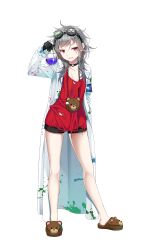 Rule 34 | 1girl, dr eleanor, flask, formation girls, full body, goggles, goggles on head, highres, kamura poku, lab coat, official art, red eyes, red shirt, round-bottom flask, shirt, short shorts, shorts, silver hair, solo, transparent background