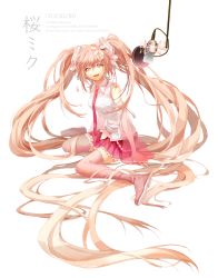 Rule 34 | 1girl, boots, character name, detached sleeves, flower, full body, hair flower, hair ornament, hatsune miku, highres, long hair, microphone, necktie, pink eyes, pink hair, sakura miku, sapphire (nine), see-through, simple background, sitting, skirt, solo, thigh boots, thighhighs, twintails, very long hair, vocaloid, wariza, white background