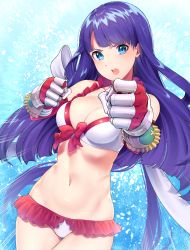 Rule 34 | 1girl, bikini, blue eyes, breasts, cleavage, clenched hands, cowboy shot, d:, d:&lt;, dutch angle, elbow gloves, fate/grand order, fate (series), frilled bikini, frills, gauntlets, gloves, highres, hisayaki kyuu, large breasts, long hair, looking at viewer, martha (fate), martha (swimsuit ruler) (fate), martha (swimsuit ruler) (third ascension) (fate), open mouth, purple hair, red gloves, solo, swimsuit, teeth, v-shaped eyebrows, white bikini