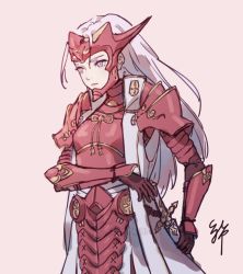 Rule 34 | 1girl, armor, breasts, cosplay, edelgard von hresvelg, fire emblem, fire emblem: three houses, fire emblem fates, fire emblem heroes, highres, lalelulotte, lips, long hair, nintendo, purple eyes, red armor, ryoma (fire emblem), ryoma (fire emblem) (cosplay), simple background, small breasts, solo, sword, weapon
