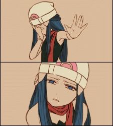 Rule 34 | 1girl, bare shoulders, blue eyes, blue hair, creatures (company), dawn (pokemon), facepalm, flat color, frown, game freak, hat, head tilt, long hair, lowres, nintendo, non-web source, pokemon, red scarf, scarf, simple background, source request, takanashi
