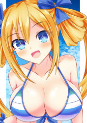 Rule 34 | 1girl, :d, bikini, blue eyes, blue ribbon, blush, breasts, cleavage, commentary request, hair between eyes, hair ribbon, hair rings, happy, highres, kyou (hibikit), large breasts, leaning forward, long hair, looking at viewer, neptune (series), open mouth, orange hair, orange heart (neptunia), power symbol, power symbol-shaped pupils, ribbon, shin jigen game neptune vii, smile, solo, striped bikini, striped clothes, swimsuit, symbol-shaped pupils, twintails, upper body, very long hair