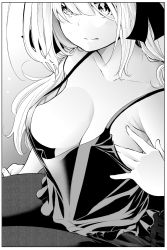 Rule 34 | 10s, 1girl, breasts, camisole, character request, cleavage, commentary request, greyscale, hair between eyes, hair ribbon, hand on own chest, highres, looking at viewer, monochrome, nande koko ni sensei ga!?, no bra, open mouth, original, pantyhose, ribbon, soborou, solo, spaghetti strap, upper body