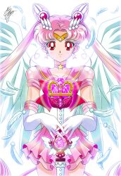 Rule 34 | 1girl, aged up, bishoujo senshi sailor moon, bloom, chibi usa, earrings, feathers, gloves, highres, jewelry, long hair, magical girl, marco albiero, miniskirt, pink hair, red eyes, sailor chibi moon, see-through, see-through sleeves, skirt, super sailor chibi moon, twintails, very long hair, white background