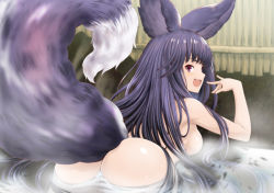 Rule 34 | 1girl, :d, animal ears, ass, bamboo fence, bent over, blush, breasts, commentary request, fang, fence, fox ears, fox girl, fox shadow puppet, fox tail, granblue fantasy, hand up, isse, long hair, looking at viewer, looking back, medium breasts, nude, onsen, open mouth, purple eyes, purple hair, smile, solo, steam, tail, tail raised, very long hair, water, yuel (granblue fantasy)