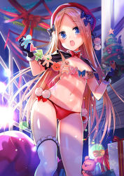Rule 34 | 1girl, abigail williams (fate), black bow, black capelet, black gloves, blonde hair, blue bow, blue eyes, bow, box, breasts, capelet, christmas, christmas ornaments, christmas tree, commentary request, fate/grand order, fate (series), forehead, frilled thighhighs, frills, fur-trimmed gloves, fur trim, gift, gift box, gloves, hair bow, holding, indoors, jin young-in, long hair, looking at viewer, medium breasts, navel, open mouth, panties, parted bangs, polka dot, polka dot bow, red headwear, red panties, single thighhigh, solo, standing, stuffed animal, stuffed toy, teddy bear, thighhighs, topless, underwear, very long hair, white thighhighs