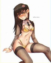 Rule 34 | 1girl, anger vein, bikini, black choker, black hair, black thighhighs, blush, breasts, chainsaw man, choker, cleavage, commentary, cropped jacket, cross scar, earrings, english commentary, facial scar, gold bikini, highres, jewelry, kirtome, necktie, ringed eyes, scar, scar on cheek, scar on face, scar on nose, short necktie, sitting, small breasts, solo, swimsuit, thighhighs, twitter username, white shrug, yellow eyes, yoru (chainsaw man)