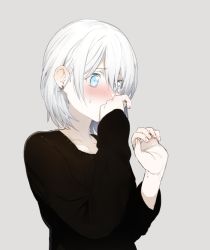 Rule 34 | 1boy, androgynous, bad id, bad pixiv id, black sweater, blue eyes, blush, commentary request, earrings, embarrassed, erubo, green hair, grey background, hair between eyes, hand to own mouth, jewelry, looking down, male focus, original, short hair, simple background, solo, sweatdrop, sweater