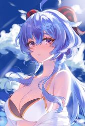 Rule 34 | 1girl, ahoge, bare shoulders, bikini, blue hair, blue sky, blush, breasts, cleavage, cloud, collarbone, day, ganyu (genshin impact), genshin impact, highres, horns, large breasts, long hair, looking at viewer, low ponytail, non (nonzile), nose blush, off shoulder, parted lips, purple eyes, sidelocks, sky, solo, swimsuit, upper body, wet, white bikini