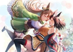 Rule 34 | 1girl, animal ears, asymmetrical docking, bare shoulders, breast press, breasts, brown hair, cleavage, closed eyes, dress, ear ornament, framed breasts, green dress, highres, holding hands, horse ears, horse girl, horse tail, japanese clothes, kitasan black (umamusume), lace, lace-trimmed dress, lace trim, large breasts, long hair, satono diamond (umamusume), sleeves past fingers, sleeves past wrists, smile, tail, thighhighs, thighs, umamusume, underbust, wanderlucia, wide sleeves, zettai ryouiki