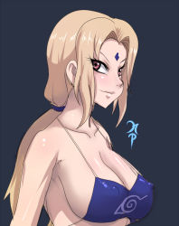 Rule 34 | 1girl, bikini, bikini top only, blonde hair, breasts, cleavage, collarbone, covered erect nipples, facial mark, forehead mark, konohagakure symbol, large breasts, long hair, maniacpaint, naruto, naruto (series), ponytail, red eyes, sideboob, simple background, smile, solo, swimsuit, tsunade (naruto), upper body
