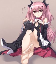 Rule 34 | 1girl, black ribbon, blush, boots, cape, fang, feet, hair ribbon, high heel boots, high heels, highres, holding, holding shoes, krul tepes, kyuutou (kyuutouryuu), long hair, looking at viewer, owari no seraph, red eyes, red hair, ribbon, shoe soles, shoes, single shoe, soles, solo, thigh boots, thighhighs, toes, translation request, unworn shoes
