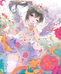 Rule 34 | 10s, 1girl, ;d, bad id, bad twitter id, black hair, bloomers, blush, bouquet, bow, bubble, dress, flower, fur collar, garter straps, gloves, hair bow, hand on own face, heart, long hair, looking at viewer, love live!, love live! school idol festival, love live! school idol project, one eye closed, open mouth, pink eyes, red flower, red rose, repi, rose, smile, solo, thighhighs, tiara, underwear, veil, wedding dress, white dress, white gloves, white thighhighs, wings, yazawa nico