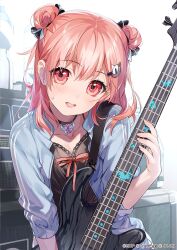 Rule 34 | 1girl, almic, alternate hairstyle, bang dream!, bass guitar, black choker, black dress, blue jacket, blush, breasts, cat hair ornament, choker, cleavage, collarbone, commentary request, double bun, dress, esp guitars, hair between eyes, hair bun, hair ornament, hairclip, highres, hiromachi nanami, holding, holding instrument, instrument, jacket, looking at viewer, medium breasts, medium hair, official art, open clothes, open jacket, open mouth, pink eyes, pink hair, ribbon, sidelocks, solo, sweatdrop