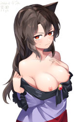 Rule 34 | 1girl, animal ears, blush, breasts, breasts out, brooch, brown hair, cleavage, closed mouth, collarbone, dated, dress, eyelashes, frilled sleeves, frills, highres, imaizumi kagerou, jewelry, kisamu (ksmz), long hair, long sleeves, looking at viewer, multicolored clothes, nipples, off-shoulder dress, off shoulder, puffy nipples, red eyes, simple background, solo, standing, tears, touhou, v-shaped eyebrows, white background, wolf ears