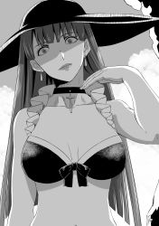 Rule 34 | 1girl, bikini, breasts, choker, cleavage, commentary request, cross, earrings, fate/grand order, fate (series), greyscale, hat, ishii hisao, jewelry, large breasts, long hair, looking at viewer, martha (fate), martha (swimsuit ruler) (fate), martha (swimsuit ruler) (first ascension) (fate), monochrome, navel, solo, swimsuit, wide-eyed