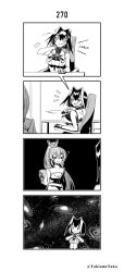 Rule 34 | 2girls, 4koma, ?, back cutout, book, breasts, chair, clothing cutout, comic, commentary, galaxy, gloves, greyscale, highres, holding, holding book, hololive, hololive english, large breasts, meme, monochrome, motion lines, multiple girls, nanashi mumei, office chair, ouro kronii, pointing, pointing at self, sideboob, silent comic, sitting, space cat (meme), swivel chair, table, taka t, twitter username, underboob, underboob cutout, virtual youtuber