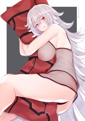 Rule 34 | 1girl, ass, azur lane, bare arms, bare legs, bare shoulders, body pillow, breasts, crossed bangs, graf zeppelin (azur lane), hair between eyes, highres, inverted nipples, large breasts, lingerie, long hair, looking at viewer, lying, negligee, nekokyun, nightgown, nipples, hugging object, on side, open mouth, panties, pillow, pillow hug, see-through, silver hair, simple background, sleepwear, solo, thighs, underwear, very long hair