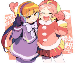 Rule 34 | 2girls, arms up, black gloves, cowboy shot, dated, earmuffs, gloves, long hair, luo xiaobai, luo xiaohei zhanji, mittens, multiple girls, open mouth, orange eyes, orange hair, pantyhose, pink hair, pleated skirt, red mittens, red skirt, shanxin (the legend of luoxiaohei), skirt, smile, thumbs up, twitter username, vox, white legwear