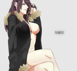 Rule 34 | 1girl, adjusting hair, bad id, bad pixiv id, black hair, borrowed clothes, breasts, character name, cleavage, coat, crossed legs, durarara!!, eyelashes, grey background, hand in own hair, highres, komugi (lio), large breasts, legs, long hair, open clothes, purple hair, simple background, sitting, solo, thighs, yagiri namie