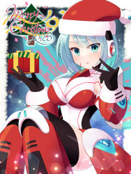 Rule 34 | 1girl, black gloves, blue eyes, blue hair, box, gift, gift box, gloves, hat, highres, holding, holding gift, ico (megaman x dive), leotard, looking at viewer, mega man (series), mega man x (series), mega man x dive, merry christmas, parted lips, red hat, santa hat, shizuki airu, solo