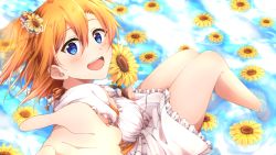 Rule 34 | 1girl, :d, bare legs, barefoot, blue eyes, dress, flower, hair between eyes, hair flower, hair ornament, highres, holding, holding flower, knees together feet apart, knees up, kosaka honoka, looking at viewer, love live!, love live! school idol project, oda (101511a), one side up, open mouth, orange hair, outstretched arm, outstretched hand, partially submerged, sitting, smile, solo, sundress, sunflower