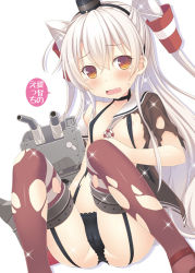 Rule 34 | 10s, 1girl, aikawa touma, amatsukaze (kancolle), bad id, bad pixiv id, black panties, blush, damaged, fang, garter straps, hair ornament, hair tubes, hairband, headgear, innertube, kantai collection, long hair, looking at viewer, machinery, open mouth, panties, red eyes, rensouhou-kun, sitting, solo, swim ring, tears, thighhighs, torn clothes, torn thighhighs, turret, two side up, underwear, wavy mouth, white hair