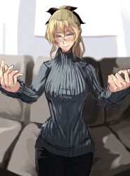 Rule 34 | 1girl, absurdres, alternate costume, black bow, black pants, blind, blonde hair, blue eyes, blush, bow, commentary, commission, couch, cowboy shot, english commentary, grey sweater, hair between eyes, hair bow, highres, imminent hug, katawa shoujo, looking at another, nonsense (dcrn4428), pants, pixiv commission, ponytail, ribbed sweater, satou lilly, smile, solo, sweater, turtleneck, turtleneck sweater, wavy hair