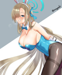 Rule 34 | 1girl, animal ears, aona (anagasaki), arms behind back, asuna (blue archive), asuna (bunny) (blue archive), bare shoulders, blue archive, blue eyes, blue leotard, blue ribbon, blush, breasts, brown pantyhose, cleavage, detached collar, elbow gloves, fake animal ears, gloves, grin, hair over one eye, hair ribbon, halo, highleg, highleg leotard, highres, large breasts, leaning forward, leotard, light brown hair, long hair, looking at viewer, pantyhose, playboy bunny, rabbit ears, ribbon, smile, solo, thighband pantyhose, thighs, very long hair, white gloves
