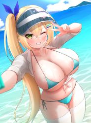 Rule 34 | 1girl, absurdres, aqua bikini, balut (7676i), bikini, blonde hair, blue sky, blush, breasts, commentary request, day, green eyes, grin, hair between eyes, hair ribbon, highres, holding, holding phone, horizon, huge breasts, looking at viewer, navel, ocean, one eye closed, original, outdoors, outstretched arm, phone, ponytail, ribbon, selfie, shirt, side-tie bikini bottom, sky, smile, solo, standing, stomach, swimsuit, thighhighs, v, visor cap, white shirt, white thighhighs