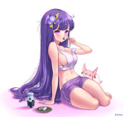 Rule 34 | 1girl, absurdres, alternate costume, animalization, arm support, bare legs, blunt bangs, blush, bottle, breasts, casual, cleavage, commentary request, contemporary, dango, earrings, eating, elsynien, food, food in mouth, fox, genshin impact, hair ornament, highres, holding, holding skewer, jewelry, large breasts, long hair, looking at viewer, milk bottle, navel, no bra, pink fur, plate, purple eyes, purple hair, purple shorts, raiden shogun, sanshoku dango, short shorts, shorts, sideboob, sidelocks, sitting, skewer, stomach, thighs, toes, wagashi, yae miko, yae miko (fox)