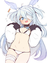 Rule 34 | 1girl, animal ears, arms up, bandages, bandage over one eye, bikini, blue eyes, blue hair, breasts, rabbit ears, commentary request, ear tag, gloves, hands on own chest, little witch nobeta, long hair, monica (little witch nobeta), mou tama maru, navel, open mouth, sharp teeth, simple background, small breasts, solo, swimsuit, teeth, thigh gap, thighs, two side up, very long hair, white background, white bikini, white gloves