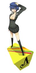 Rule 34 | :p, atlus, black thighhighs, blue hair, blue hat, breasts, cabbie hat, chiizu ochaduke, cleavage, copyright name, full body, hat, large breasts, persona, persona 4, shirogane naoto, short hair, simple background, skirt, solo, thighhighs, tongue, tongue out, white background