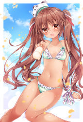 Rule 34 | 10s, 1girl, arm support, bare shoulders, bikini, blush, breasts, brown eyes, brown hair, collarbone, dark-skinned female, dark skin, fang, feeding, food, frilled bikini, frills, green bikini, hair ribbon, hat, incoming food, kantai collection, libeccio (kancolle), long hair, looking at viewer, navel, nogi takayoshi, open mouth, popsicle, pov feeding, ribbon, sitting, small breasts, smile, solo, swimsuit, twintails, wrist ribbon