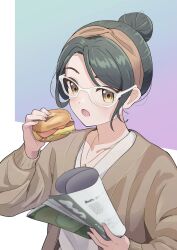 Rule 34 | 1girl, brown cardigan, brown eyes, brown hairband, cardigan, commentary request, food, green hair, hair bun, hairband, highres, holding, holding food, holding magazine, holding sandwich, jewelry, magazine (object), necklace, novi visual, open mouth, original, shirt, solo, upper body, white background, white shirt