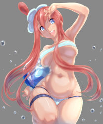 Rule 34 | 1girl, absurdres, adapted costume, alternate hair length, alternate hairstyle, arm up, armpits, ball, bare arms, beachball, bikini, blue eyes, breasts, commentary request, creatures (company), game freak, grey background, gym leader, hair between eyes, hair ornament, highres, hip focus, holding, holding ball, kous (onetwojustice), long hair, looking at viewer, navel, nintendo, open mouth, pokemon, pokemon bw, red hair, shiny skin, side ponytail, simple background, skindentation, skyla (pokemon), smile, solo, stomach, swimsuit, underboob, upper body, very long hair, water, water drop