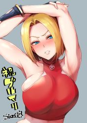Rule 34 | 1girl, arm up, armpits, arms up, bare shoulders, blonde hair, blue eyes, blue mary, blush, breasts, crop top, fatal fury, fingerless gloves, gloves, hands up, large breasts, looking at viewer, navel, sian, sleeveless, sleeveless turtleneck, sleeveless turtleneck crop top, snk, solo, straight hair, stretching, the king of fighters, the king of fighters xiv, the king of fighters xv, turtleneck, turtleneck crop top
