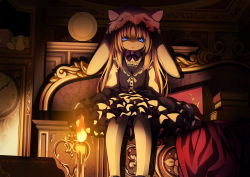 Rule 34 | 1girl, 54hao, animal ears, animal hat, bad id, bad pixiv id, black dress, blonde hair, blue eyes, book, bow, bowtie, brooch, candle, candlelight, clock, commentary, couch, dress, hat, indoors, jewelry, layered dress, long hair, long sleeves, looking at viewer, original, pantyhose, plate, purple bow, purple bowtie, rabbit ears, rabbit hat, shaded face, shirt, sitting, solo, very long hair, white pantyhose, white shirt