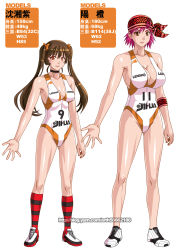 Rule 34 | 2girls, antenna hair, bandana, basketball, basketball uniform, bow, breasts, brown eyes, brown hair, character request, character sheet, cleavage, full body, ge xi, hair bow, height difference, highres, kneehighs, leotard, long hair, measurements, multiple girls, orange eyes, original, pink hair, shoes, short hair, sideboob, small breasts, sneakers, socks, sportswear, striped clothes, striped legwear, striped socks, translation request, twintails, watermark, web address