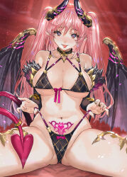 Rule 34 | 1girl, adjusting clothes, adjusting swimsuit, ass, bikini, black bikini, blue eyes, breasts, cleavage, commentary request, covered erect nipples, demon girl, demon tail, demon wings, frontal wedgie, hair between eyes, heart, heart-shaped pupils, highres, large breasts, long hair, looking at viewer, navel, original, photoshop (medium), pink hair, pointy ears, pubic tattoo, ran&#039;ou (tamago no kimi), sitting, smile, solo, spread legs, swimsuit, symbol-shaped pupils, tail, tattoo, teeth, tongue, tongue out, twintails, wedgie, wings