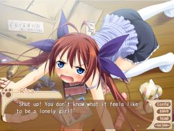 Rule 34 | 1girl, ahoge, all fours, angry, antenna hair, blue eyes, blush, cd, condom, condom packet strip, condom wrapper, embarrassed, english text, game cg, lonely, magazine (object), mizuki kotora, open mouth, oumi risa, screencap, sex toy, skirt, solo, tears, thighhighs, twintails, vibrator, visual novel, wanko to kurasou, white thighhighs, zettai ryouiki