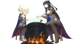 Rule 34 | 2girls, black hair, blonde hair, bodystocking, boiling pot, boots, breasts, cape, cleavage, cosplay, covered navel, crop top, dark mage (fire emblem awakening), dark mage costume, fire, fire emblem, fire emblem awakening, food, heels, large breasts, lissa (fire emblem), long hair, lovensame, medium breasts, multiple girls, nintendo, pelvic curtain, pot, revealing clothes, stew, stool, tharja, tharja (cosplay), tharja (fire emblem), tharja (fire emblem) (cosplay), twintails