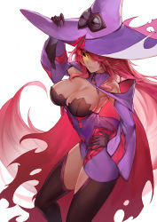 Rule 34 | 1girl, absurdres, arc system works, atorosu, bare shoulders, black sclera, blazblue, blazblue: central fiction, breasts, cape, cleavage, colored sclera, detached sleeves, dress, female focus, gloves, glowing, glowing eye, hair over one eye, hat, highres, konoe a. mercury, large breasts, long hair, looking at viewer, phantom (blazblue), pink hair, red hair, short dress, simple background, slit pupils, solo, thighhighs, torn cape, torn clothes, very long hair, white background, witch hat, yellow eyes