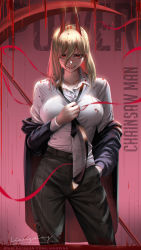 Rule 34 | + +, 1girl, adjusting clothes, adjusting necktie, black necktie, blood, blood from mouth, breasts, business suit, chainsaw man, copyright name, cross-shaped pupils, crosshair pupils, demon girl, demon horns, formal, hand in pocket, hemokinesis, highres, horns, liang xing, looking at viewer, necktie, off shoulder, power (chainsaw man), red horns, red theme, ringed eyes, scythe, sharp teeth, shirt partially tucked in, smile, solo, suit, symbol-shaped pupils, teeth