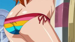 Rule 34 | 1girl, adjusting clothes, adjusting swimsuit, animated, animated gif, ass, bikini, butt crack, female focus, long hair, lowres, nami (one piece), one piece, one piece special: glorious island, orange hair, shiny skin, solo, swimsuit