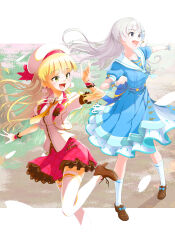 Rule 34 | 2girls, :d, absurdres, beret, blonde hair, blue bow, blue dress, blue necktie, blue socks, bow, brown footwear, buttons, center frills, chain, cropped jacket, dress, earrings, fang, floating hair, footwear bow, frilled cuffs, frilled sleeves, frills, green eyes, grey eyes, grey hair, hand up, hat, heart, highres, hisakawa hayate, idolmaster, idolmaster cinderella girls, idolmaster cinderella girls starlight stage, jacket, jewelry, jougasaki rika, lace, lace-trimmed skirt, lace trim, lapels, looking afar, multiple girls, necktie, open clothes, open jacket, open mouth, orange necktie, outdoors, outstretched arm, pink skirt, pleated skirt, pom pom (clothes), pom pom earrings, sailor collar, shirt, short sleeves, skirt, smile, socks, standing, standing on one leg, thighhighs, u4 99384295, white headwear, white jacket, white shirt, white socks, white thighhighs, wing collar, wrist cuffs