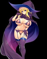 Rule 34 | 1girl, blonde hair, blue eyes, blush, breasts, cape, curvy, erectlip, hat, highres, huge breasts, lingerie, long hair, looking at viewer, navel, nipples, ozawa akifumi, solo, standing, thighhighs, thong, underwear, wide hips, witch hat