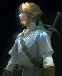 Rule 34 | 1boy, alternate eye color, belt buckle, black background, blonde hair, blue tunic, brown eyes, brown gloves, buckle, cape, closed mouth, clothing request, commentary, earrings, empty eyes, gloves, hair tie, highres, jewelry, link, nintendo, nose, parted bangs, pointy ears, ponytail, profile, shirt, shoulder belt, sidelocks, simple background, single shoulder pad, solo, sword, the legend of zelda, the legend of zelda: breath of the wild, tunic, upper body, weapon, white shirt, yuming li