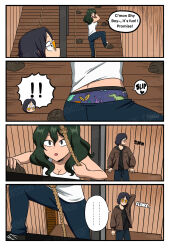 Rule 34 | !, !!, ..., 1boy, 1girl, accidental exposure, accidental pervert, armpits, ass, boku no hero academia, breasts, casual, cleavage, clenched hands, clothes pull, comic, denim, dinosaur print, embarrassed, english text, fingernails, floonasif, from behind, full body, green hair, hair between eyes, happy, heart, highres, indoors, jacket, jeans, komi-san wa komyushou desu, legs, long hair, looking at another, looking back, looking to the side, medium breasts, multiple views, neck, no mouth, open mouth, original, panties, pants, pants pull, panty peek, pantyslip, parody, print panties, profile, purple panties, sharp teeth, shiny skin, shirt, shoes, shy, sidelocks, sleeveless, sleeveless shirt, smile, sneakers, sound effects, speech bubble, spread legs, standing, sunglasses, talking, teeth, tokage setsuna, tomboy, turning head, underwear, wardrobe malfunction, watermark, wavy hair