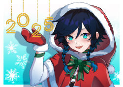 1boy 2025 absurdres aqua_background aqua_eyes aqua_hair black_hair blush border bow bowtie braid genshin_impact gloves gradient_background gradient_hair green_bow green_bowtie hat highres hood hood_up lkari_shi long_sleeves looking_at_viewer male_focus multicolored_hair open_mouth red_gloves red_hood santa_costume santa_hat smile solo twin_braids venti_(genshin_impact) white_background white_border